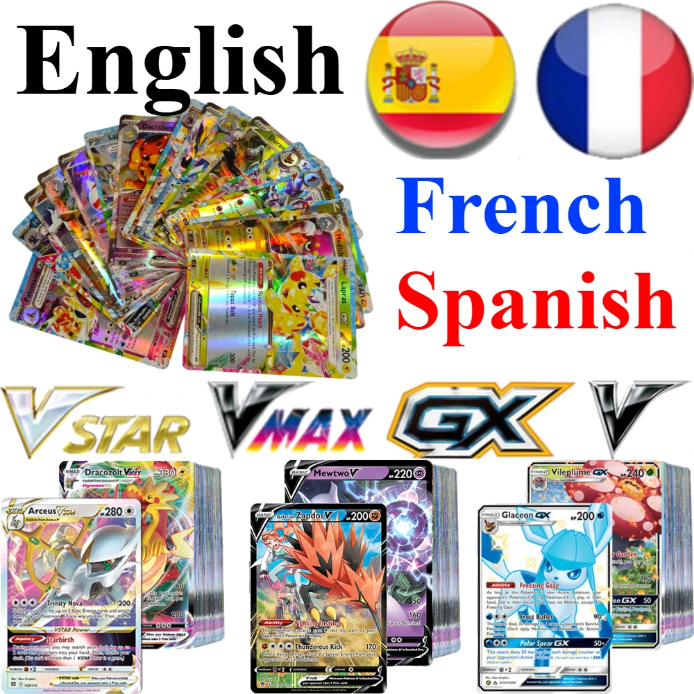 pokémon TCG GX VSTAR VMAX Cards English/French/Spanish Rare Holographic Full Art Trading Cards for Fans Collection Birthday Gift