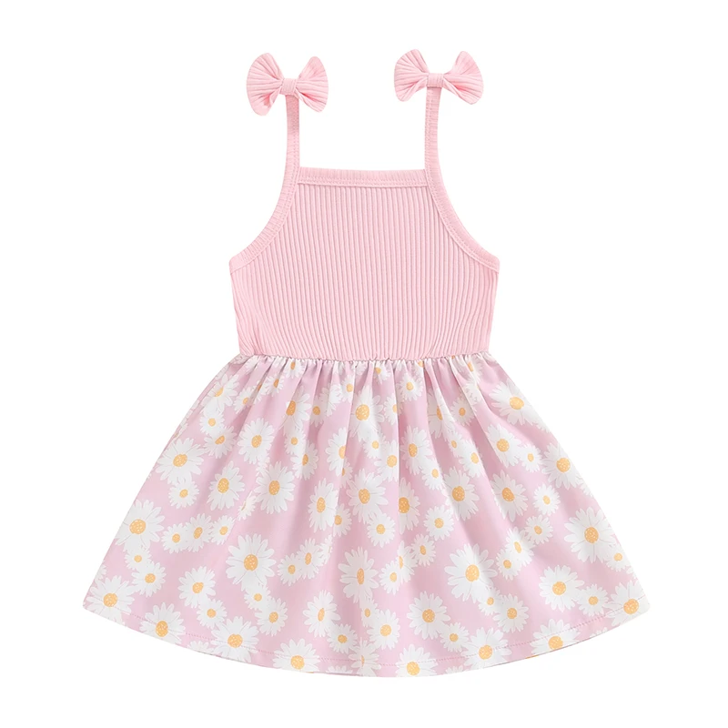 Little Girl Cami Dress A-Line Bow Daisy Print Square Neck Spaghetti Strap Ribbed Dress for Summer