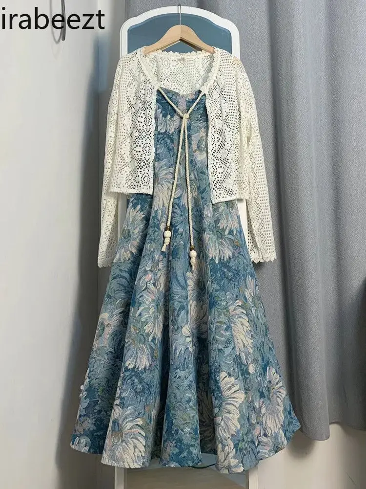 

Summer 2025 Trendy Two-Piece Set - Floral Print Dress & Halter Cardigan Soft Fabric Slimming Summer Outfits Sexy Two Piece