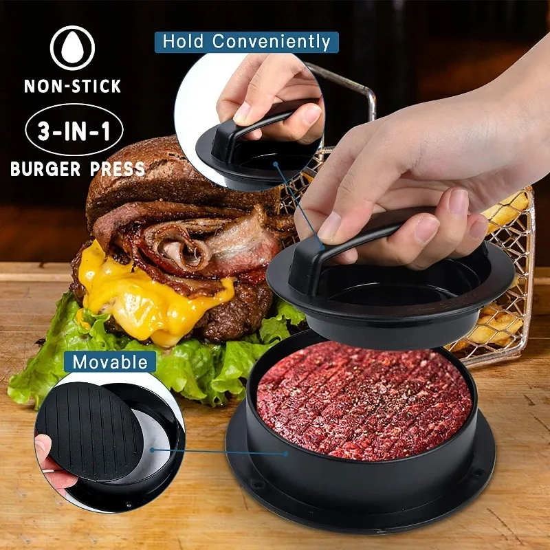 3In1 Hamburger Meat Press Mold Patty Maker Non Stick Stuffed Burger Mold Beef Patties ABS Round Shape Mould Kitchen Accessories