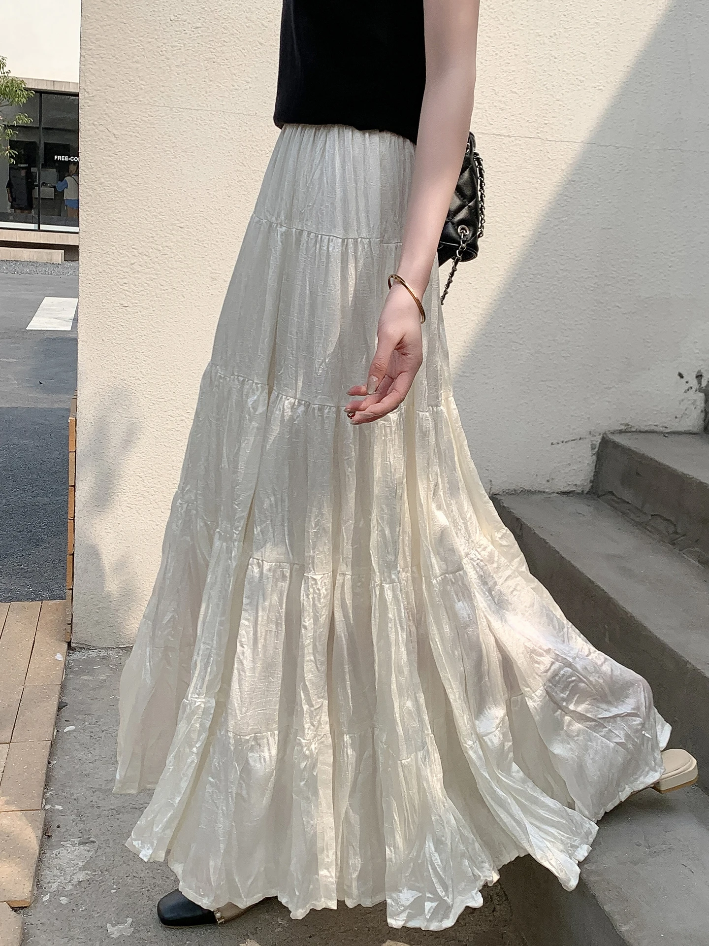 

Silk Satin Drapey Long Evening Skirt Women's Skirt in Cream Cake Umbrella Skirt High Waist Pleated A-Line