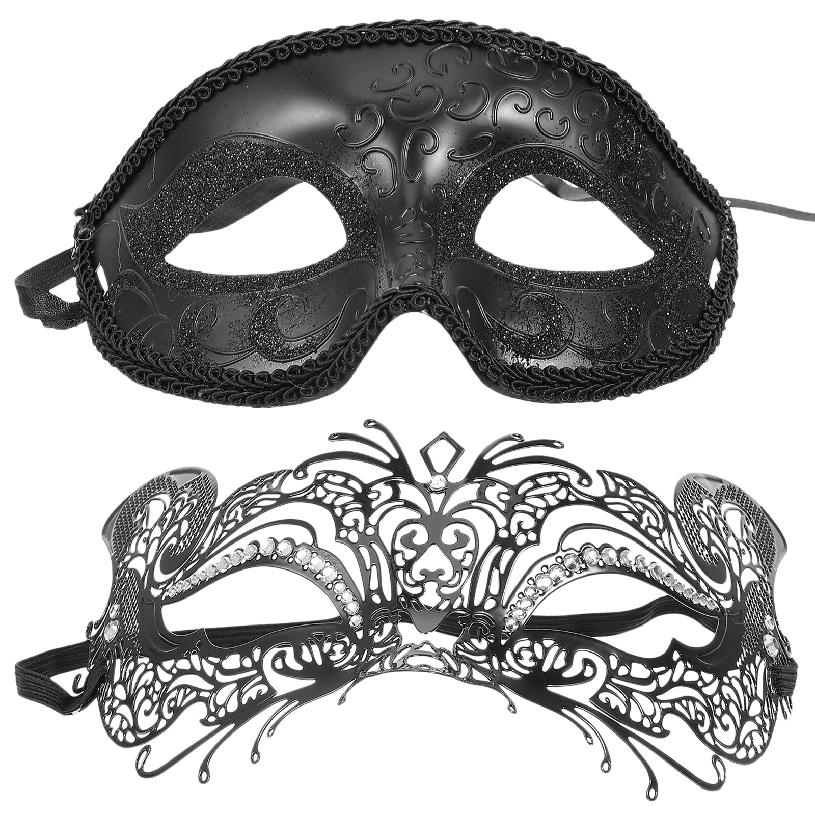 

2pcs Masquerade Masks Black Rhinestone Half Face Metal Party Wedding Halloween Costume Party Mask Women Ball Elegant