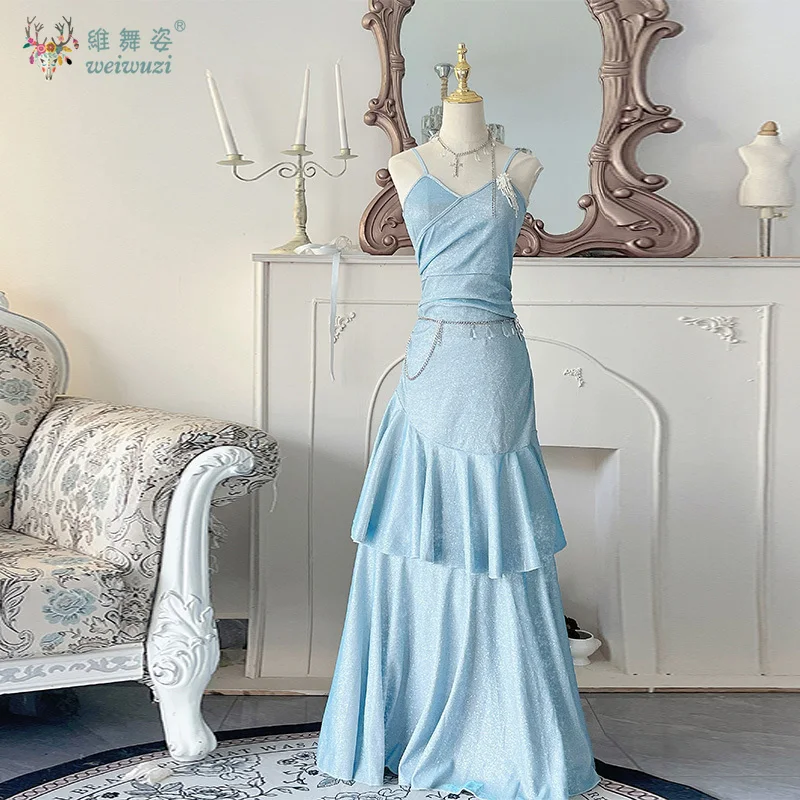 

Blue Original Handmade Shiny Sexy V-neck Slim Shoulder Strap Slim Fit Hip Hugging Mermaid Evening Dress with High Elasticity