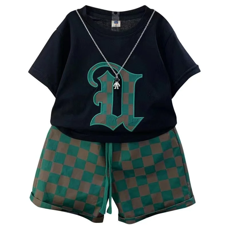 

Kids Outfits Cotton Round Neck Letter Short Sleeve Pullover Shirt+Plaid Shorts 2pcs Summer Baby Boys Clothes Children Sport Suit