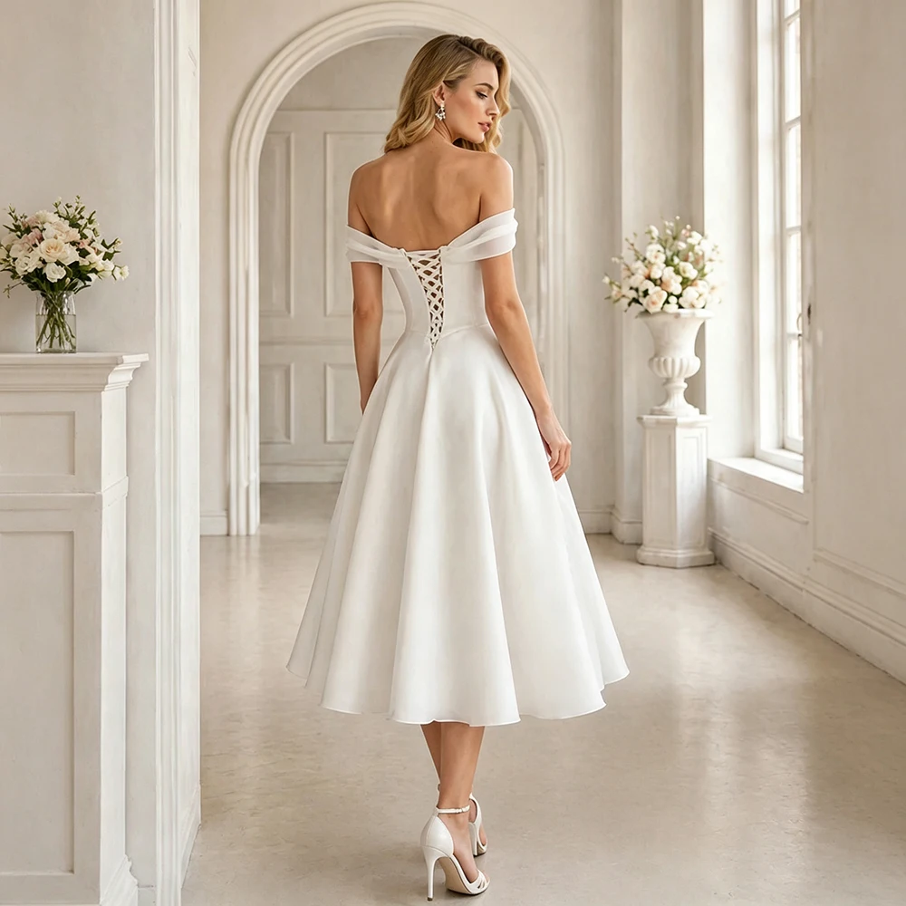 Elegant Off Shoulder Long Sleeve Satin Wedding Dress Cowl Neck High Slit Chapel Train Slim Bridal Gown For Women's Wedding Party