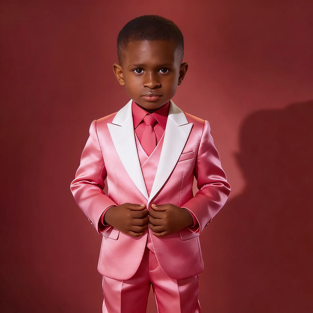 

Модный розовый костюм для мальчика, роскошный свадебный комплект из 3 предметов: пиджак, брюки, жилет, на заказ, с одной пуговицей, с белым лацканом, шикарный комплект