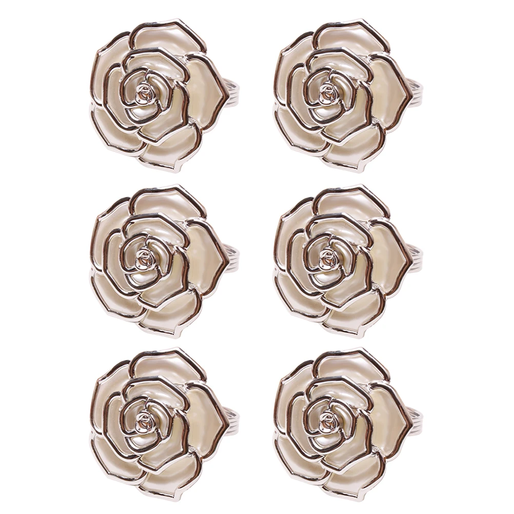 

6pcs Rose Shape Napkin Rings Elegant Pearl Buckle for Wedding Banquet Home Hotel Restaurant Bar Accessories