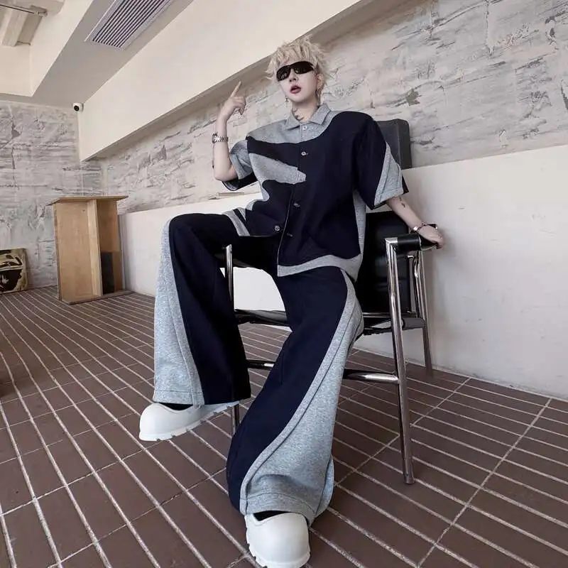 WTHT Fashion Men's Suit Spliced Contrast Color Loose Lapel Shirts Casual High-waisted Straignt Pants Set Male 2025 Summer 2A0796 - Image 4