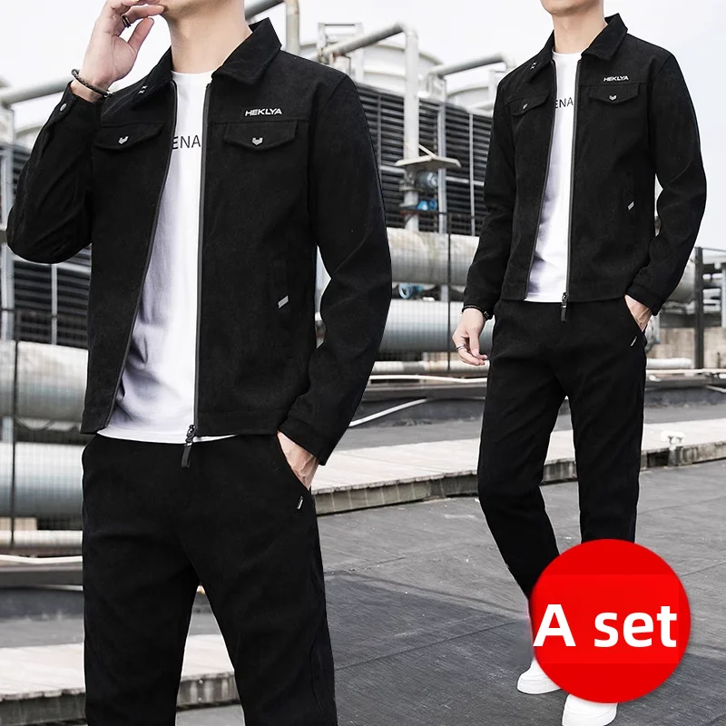 

Повседневный вельветовый комплект из джерси и брюк для мужчин, костюм из двух предметов, весенне-осенний наряд для отдыха, молодежные длинные брюки све