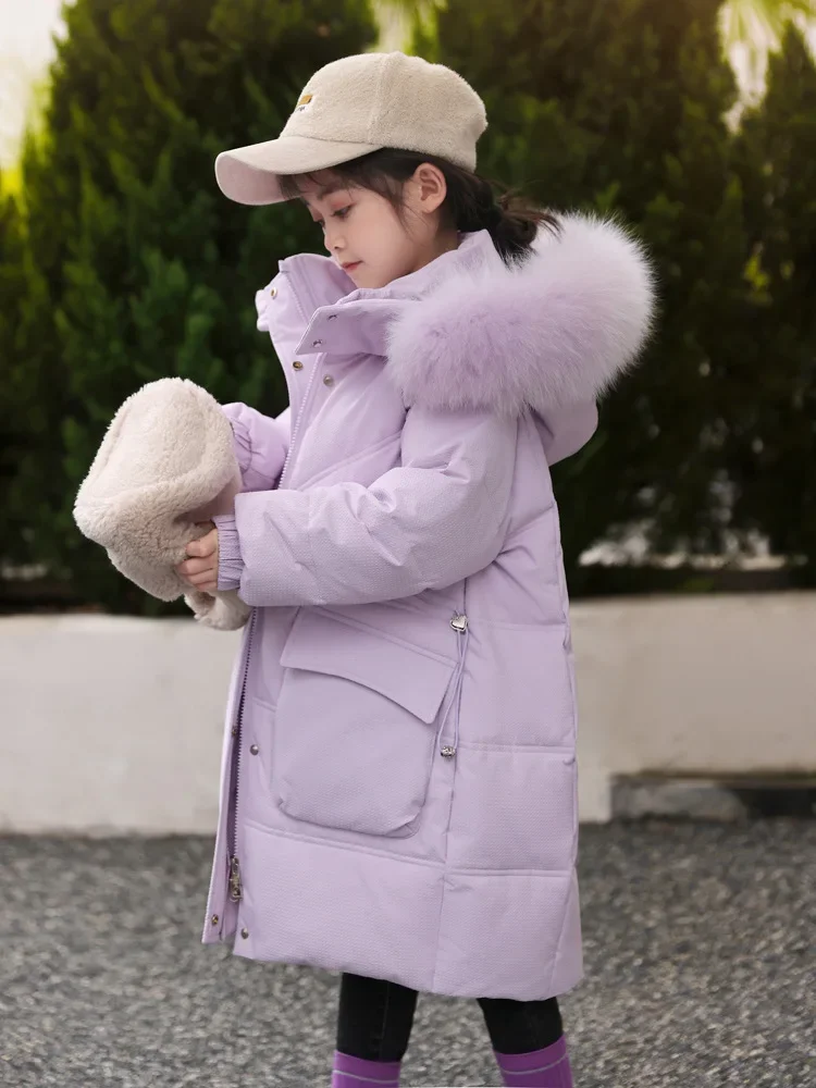 

Girl White Duck Down Jacket Winter New Big Real Fur Collar Children Long Warm Thicker 90 Down Outfit Teen Parka Down Coats Wz943