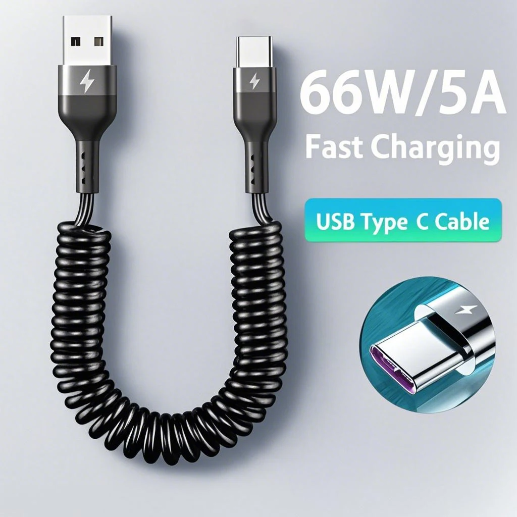 

Fast Charging 66W 5A Type C Cable Spring Telescopic Car Phone Charger USB Cable USB C Data Cable For Samsung Huawei Xiaomi Redmi