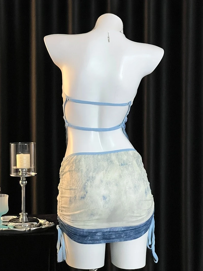 Pure Desire Indigo strapless rugloze jurk, transparant geplooid uniform, verleidelijke verleidelijke stijl romantische date-avonden voor dames