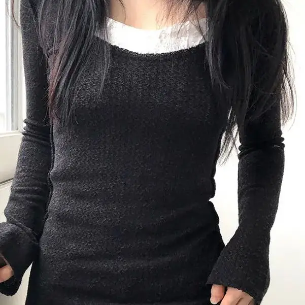 

Fake Two-Piece Knitted Sweater Long-Sleeved T-Shirt Pure Desire Hottie Lace Stitching Contrast Color Basic Versatile Slim Fit