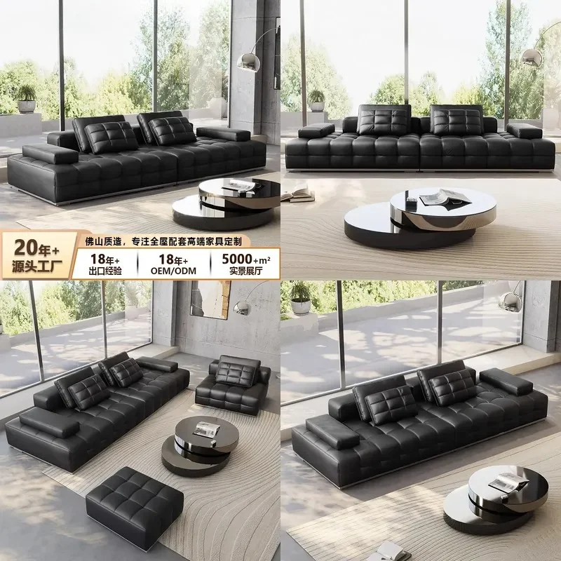 Lawrence straight row leather sofa Italian minimalist living room large apartment villa designer black leather art sofa