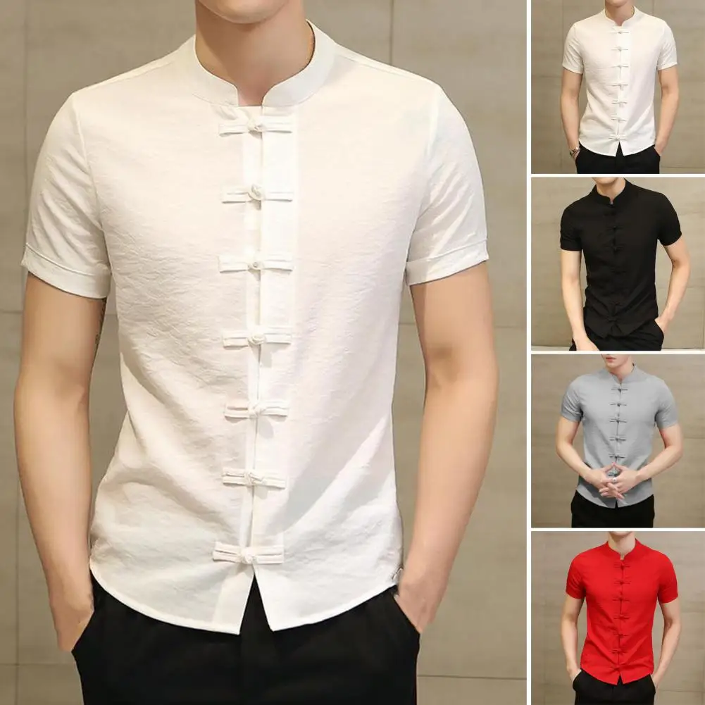 Vintage Men Summer Shirt Stand Collar Short Sleeve Men Top Solid Color Slim Fit Knot Buttons Men Shirt Chinese Traditional Shirt