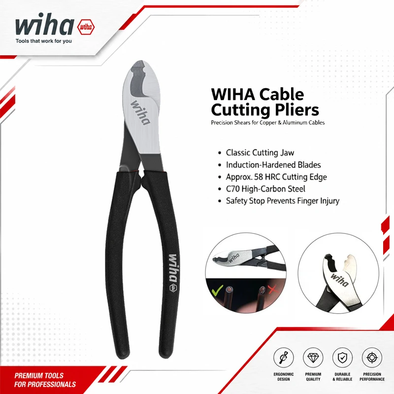 Wiha 45846 Black Forest Classic Cable Cutter 180MM Professional Electrical Tool For Cutting Copper And Aluminum Cables