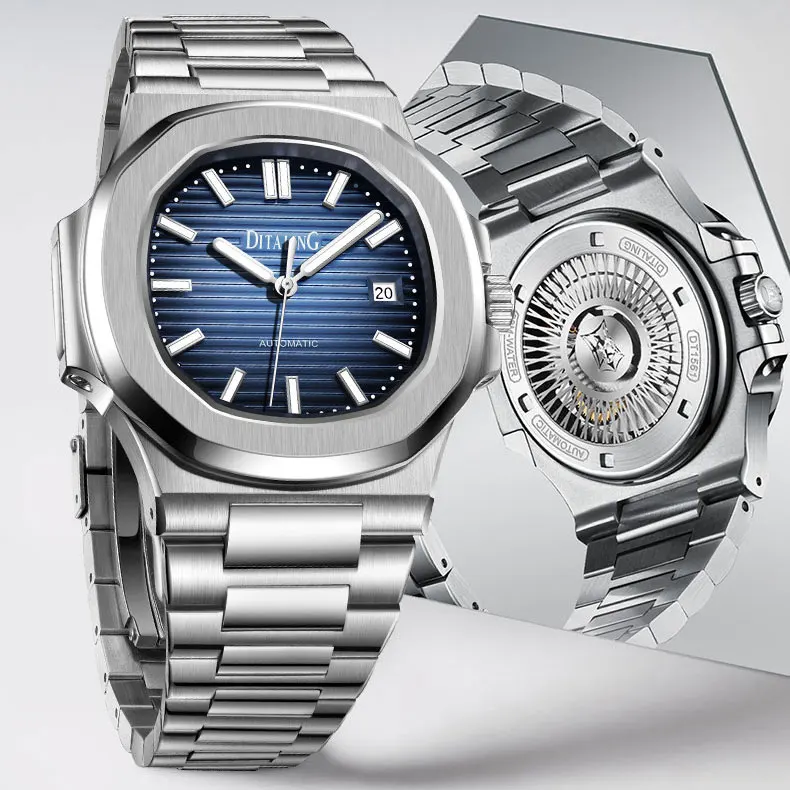 DITALING الرجال ساعة أوتوماتيكية الساعات الفاخرة مربع الميكانيكية ساعة اليد خمر مقاوم للماء الياقوت فراشة المشبك مضيئة