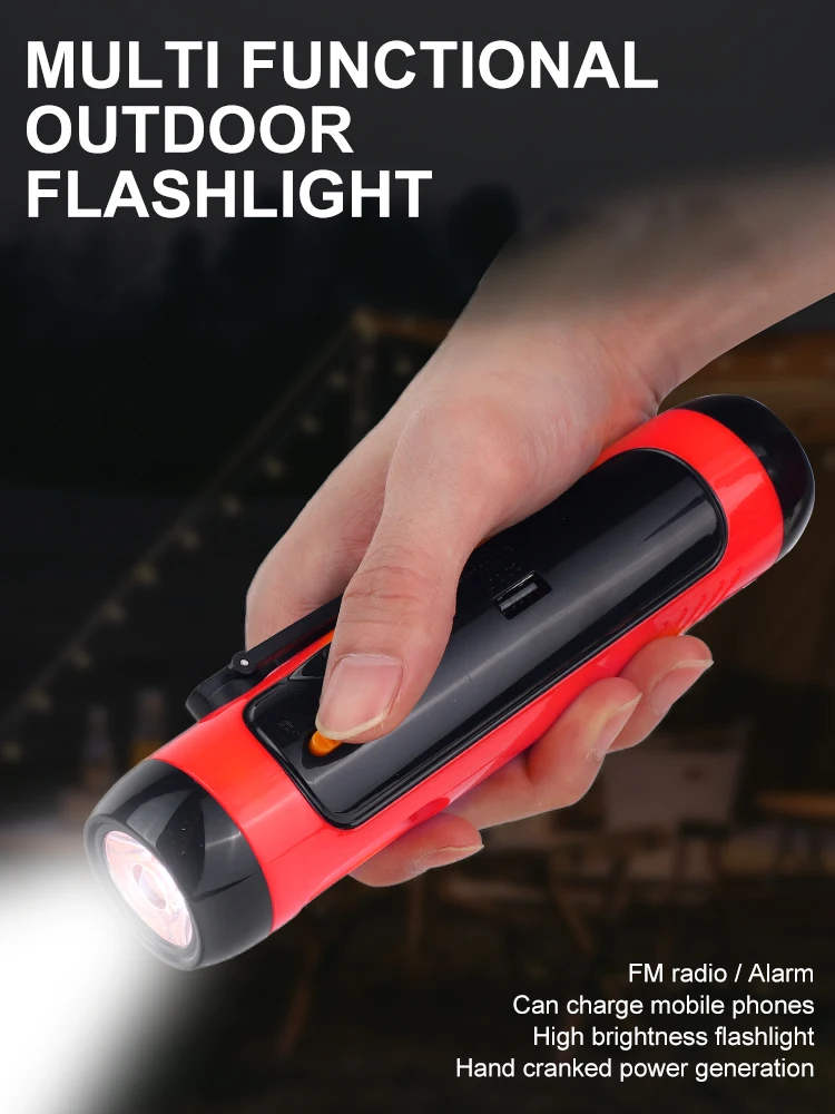 Multifunctional Outdoor Flashlight Hand Cranked Power Generation Sound Light Alarm Function Emergency Power Bank Radio LED Torch