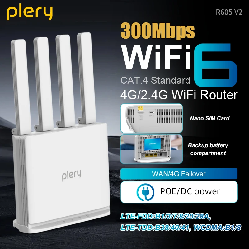 

Plery 4G LTE Router 300Mbps WiFi6 Router Plug And Play 2.4G 3 RJ45 Ports 5000mAH Battery Backup For Home/Office/Travel