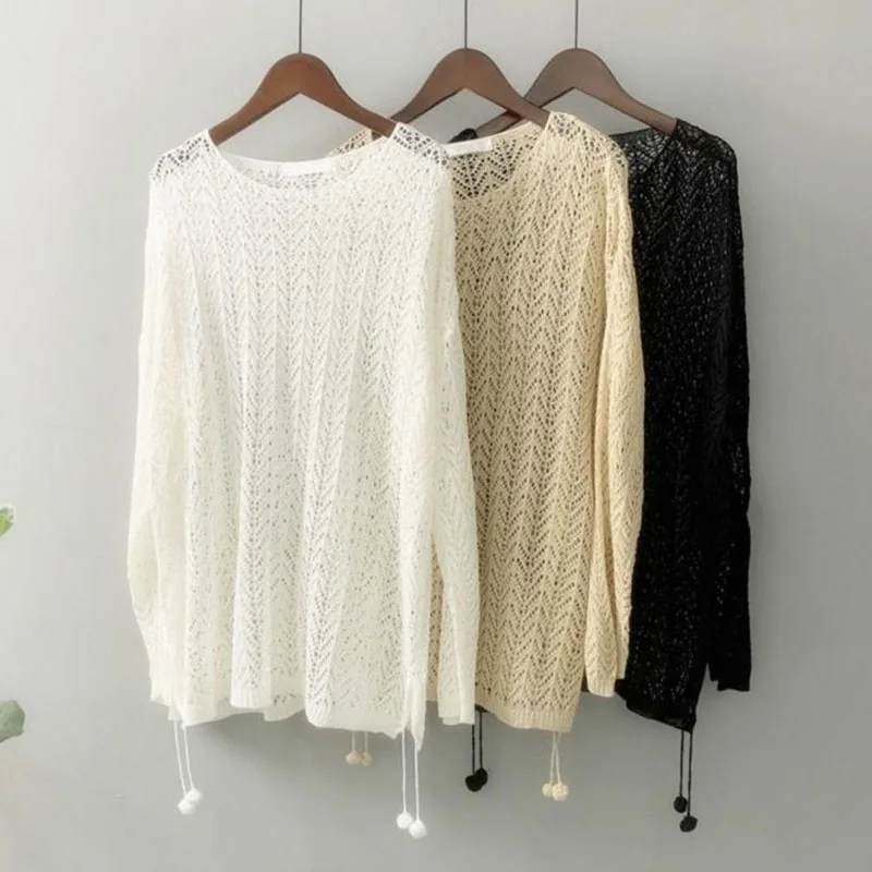 

Oversize Hollow Out Knitted Blouse Women Korean Fashion Off Shoulder Side Split Overclothes Solid Thin Long Sleeve Loose Jumper