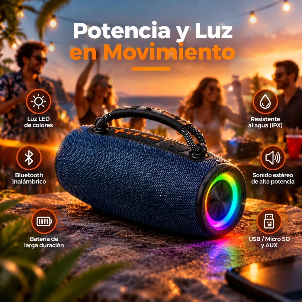 Altavoz Portátil Bluetooth 5.3 de 20W, Parlante Inalámbrico con Luces LED RGB, Función TWS, Reproducción USB y Tarjeta Micro SD, Carga USB-C, Batería 1200mAh, Asa de Transporte, para Exterior, Viaje y Fiesta