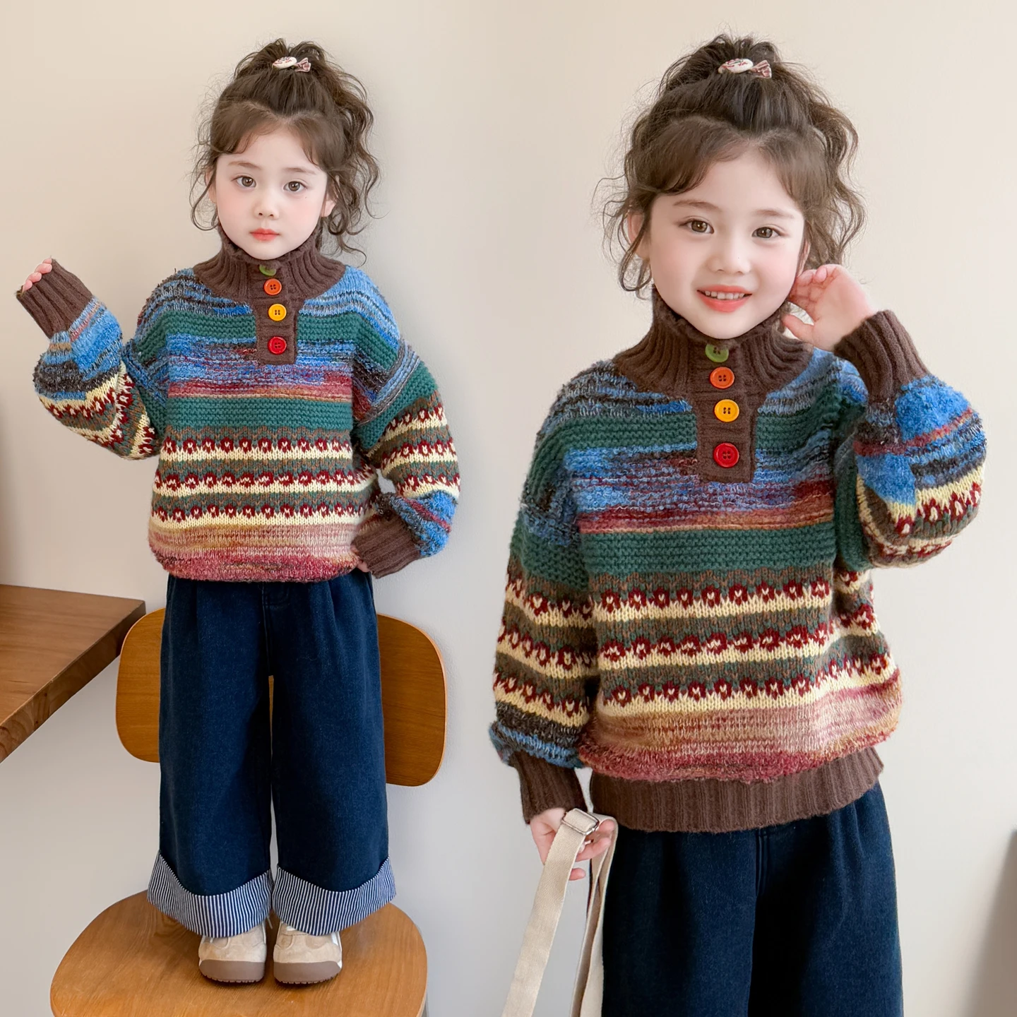 

Vintage Print Harajuku Sweaters Baby Girls Loose Casual Knitted Pullover Lazy Wind Retro Princess Preppy Style Long Sleeve Tops