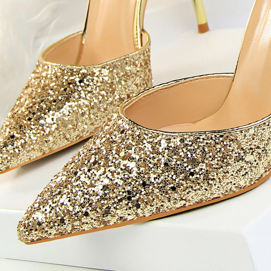 New Summer Women 7.5cm 9.5cm High Heels Bling Sandals Lady Wedding Bridal Low Heels Gold Silver Sandles Sparkly Sequins Shoes