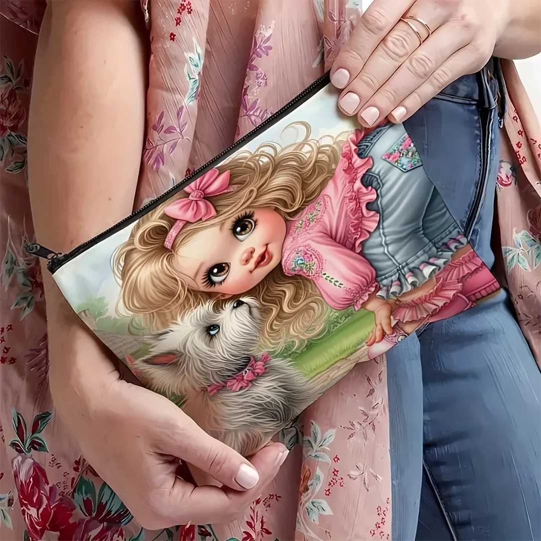 1pc Adorable Girl and Dog Design Makeup Bag - Multi-Functional Portable Toiletry Pouch, Ideal for Travel, Vacation
