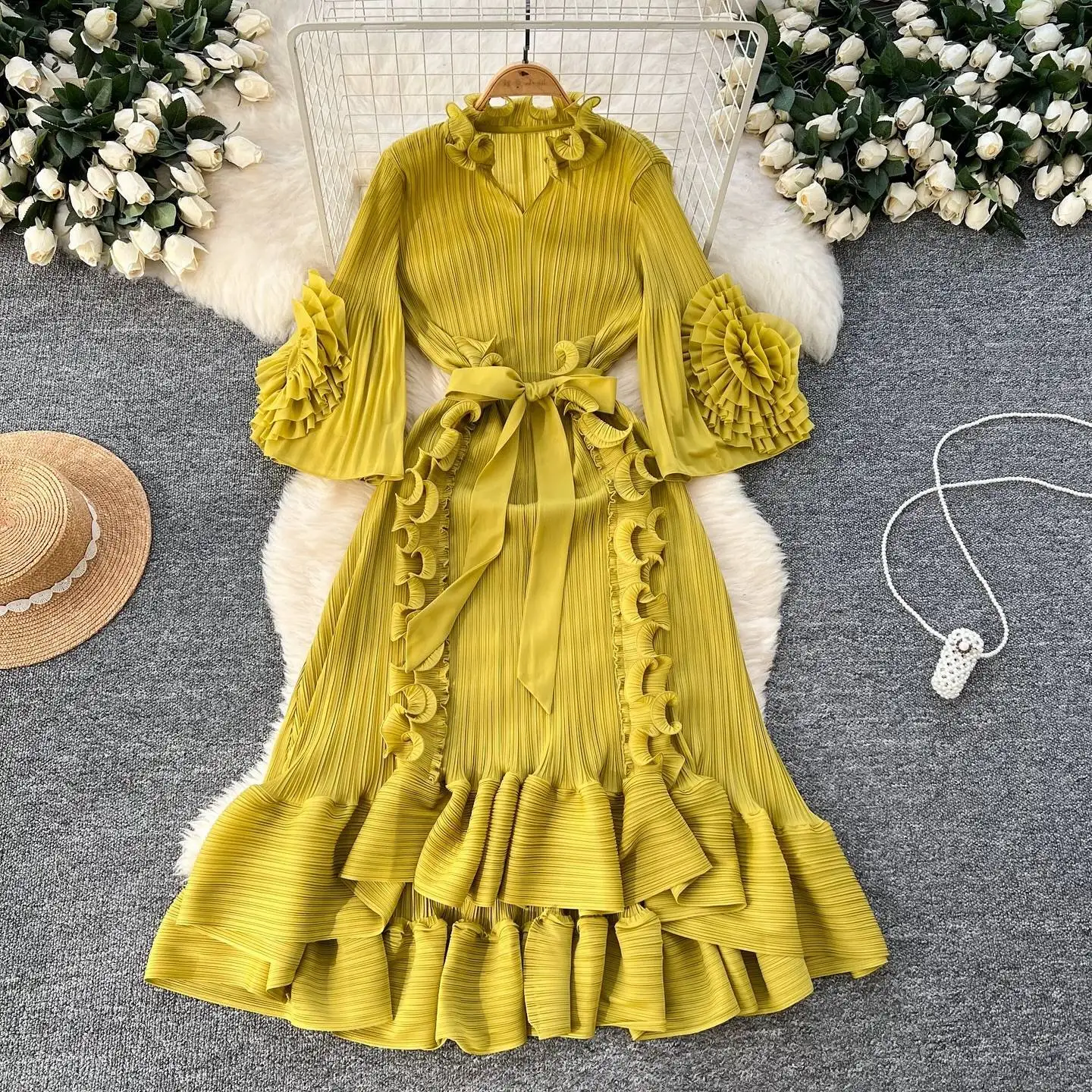 ANLAN Lusso Miyake 3D Ruffles Splice Abiti a pieghe Donna Scollo a V Alta elasticità Cintura con lacci Boho Robe Party Abbigliamento 2AN7516