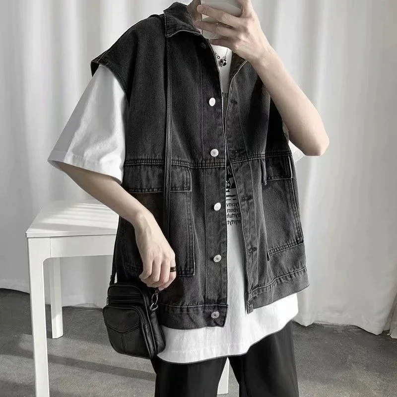 

Men's Denim Vest Sleeveless Jacket Korean Style Loose Fit Spring Autumn Student Casual Vest Trendy Workwear
