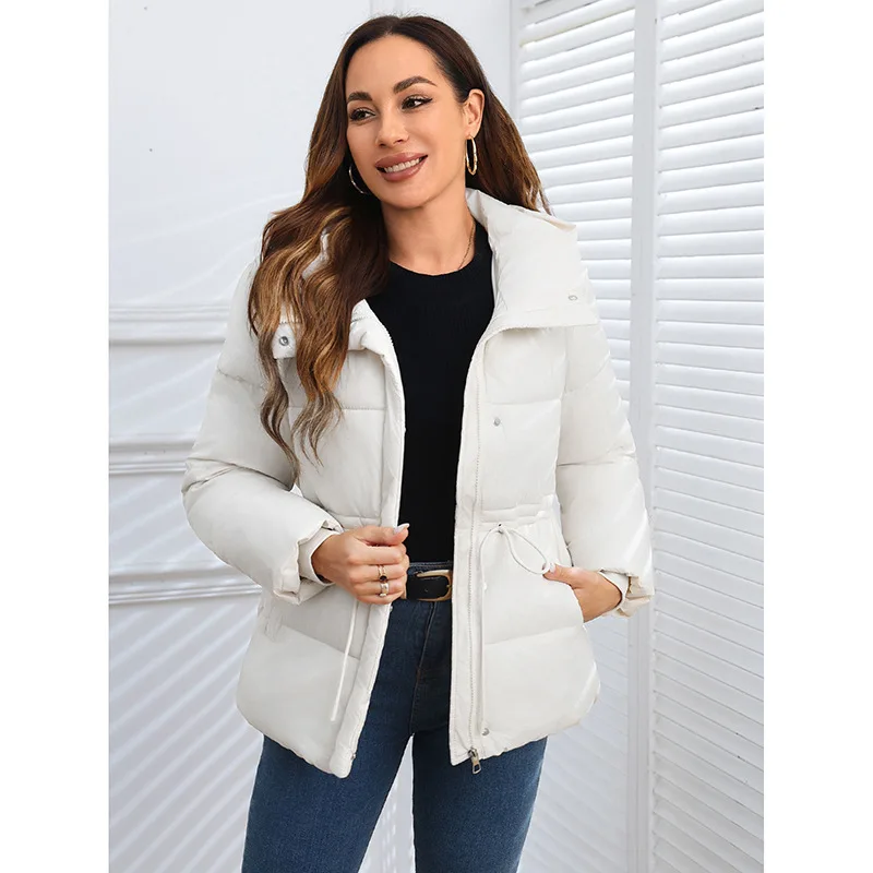 Women in Large-sized European and American Style Hooded Waist-cinched Drawstring Cotton-padded Jackets Autumn and Winter Outcoat