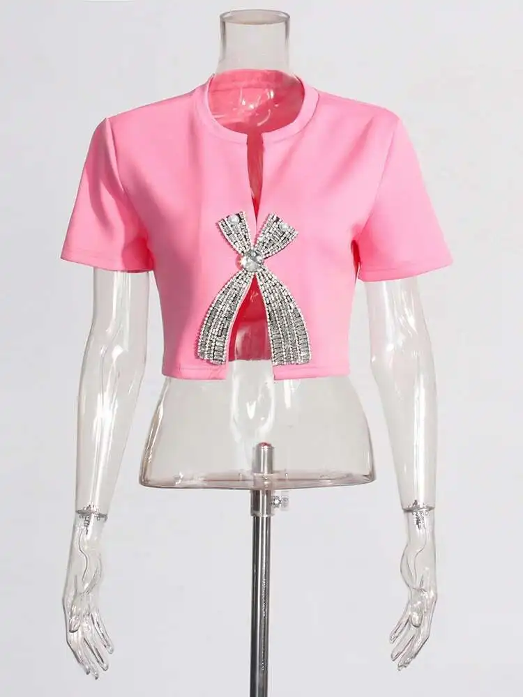 الوردي الصلبة مزاجه تقسم الماس المحاصيل الأعلى للنساء الجولة الرقبة قصيرة الأكمام المرقعة اللؤلؤ شيك تي شيرت الإناث P1LA #2