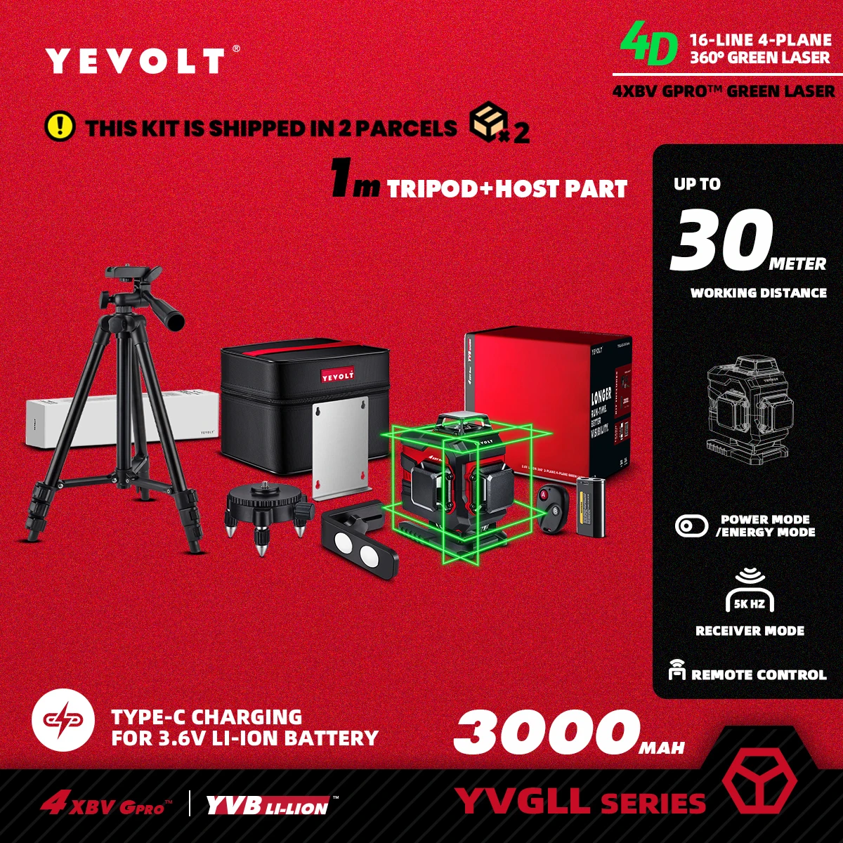 YEVOLT TL-YVGLL4XS16B1P Series Green Laser Level 4-Plane 16-Line Self-leveling 360 4D Power Measuring Tools-1M Aluminium Tripod