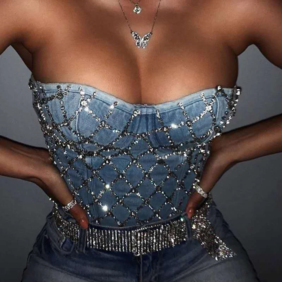 

Denim Scratched Women's Spaghetti Strap Diamonds Ripped Push Up Bustier Night Club Party Crop Top 2023 New Corset Camise Vest