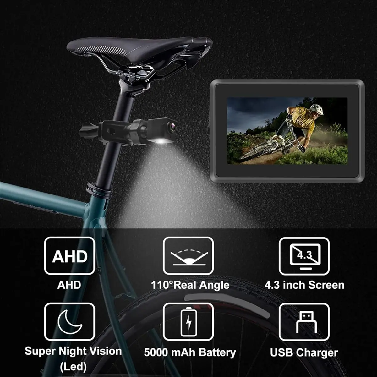 

Камера заднего вида для велосипеда AD10 1080P с 4,3-дюймовым монитором, ночным видением и зеркалом для электровелосипедов, горных и шоссейных велосипедов