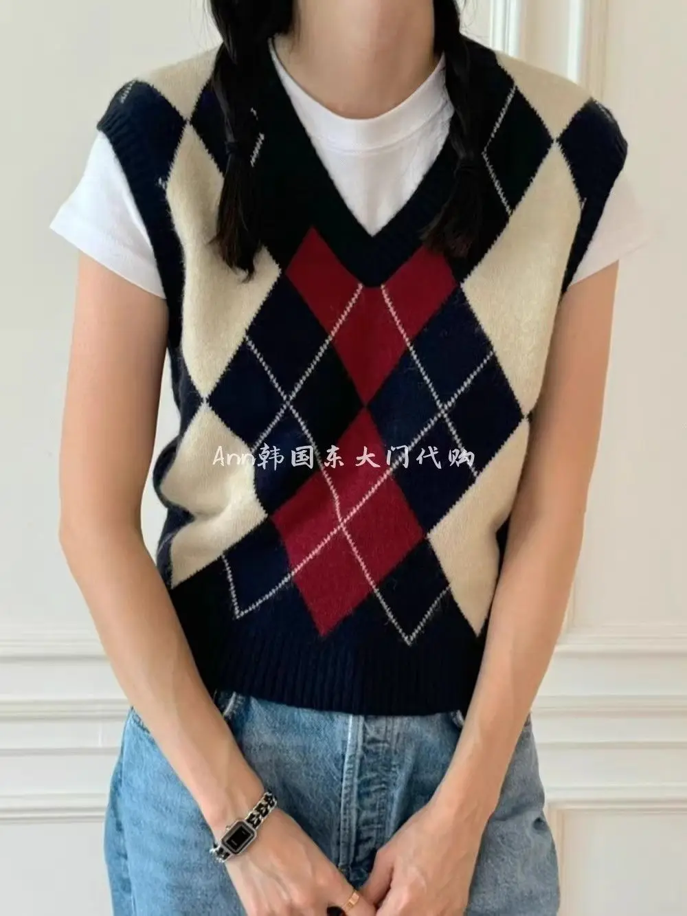Winter Korean Fashion Sweet Girls V-Neck Color Block Argyle Knit Vest Sleeveless Sweater Vest Preppy Style Casual Layering Top
