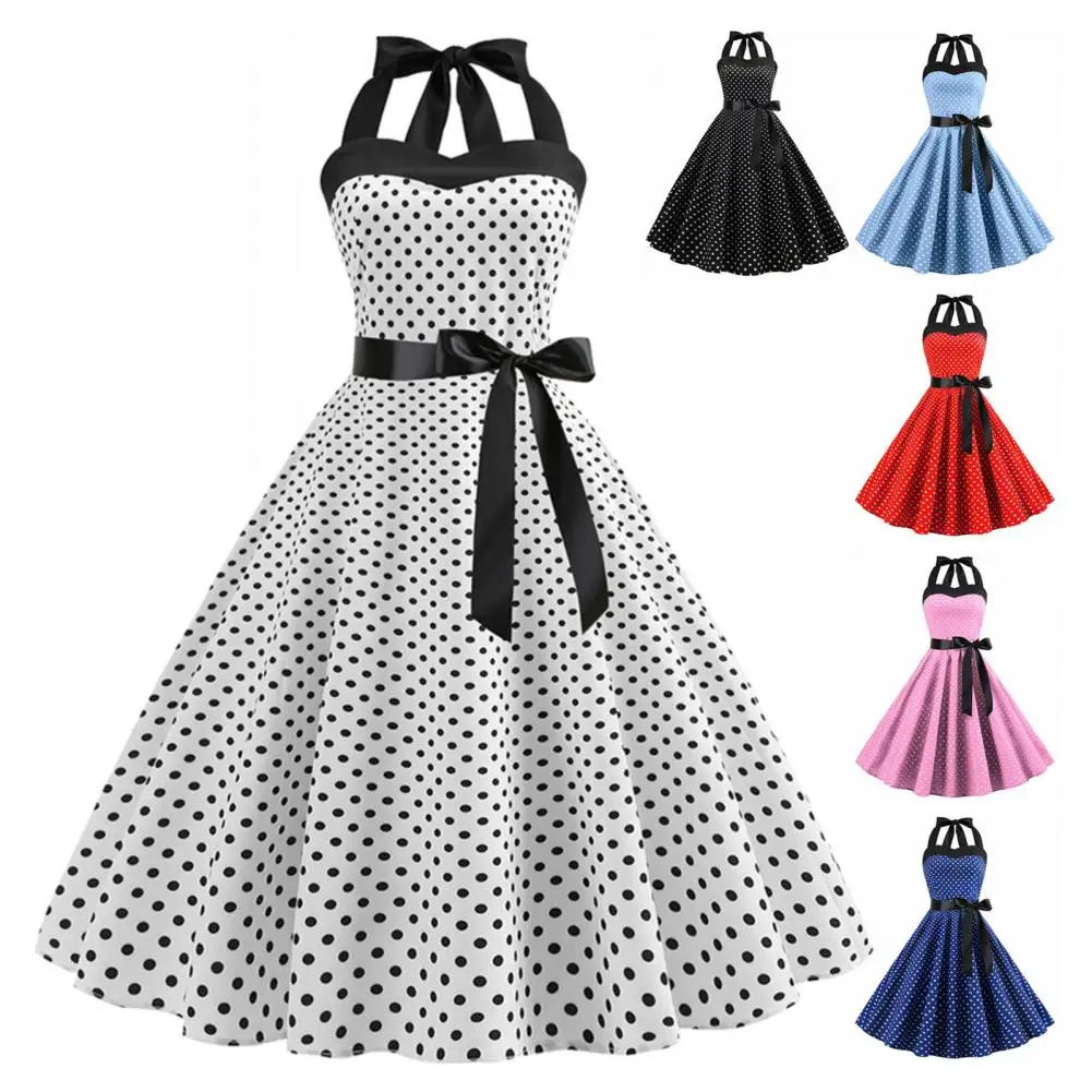 Lady Evening Dress Retro 50s 60s Halter Neck Midi Dress with Lace Up Detail Bow Decor A-line Prom Party Dress for Women Retro