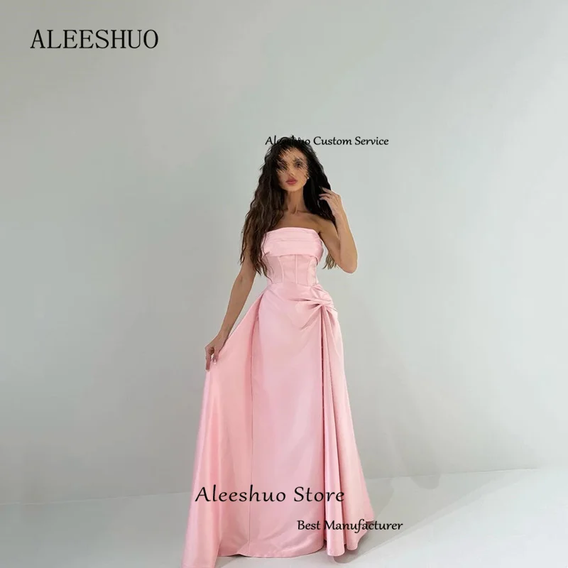 Aleeshuo sexy rosa cetim a linha sem mangas vestido de baile 2025 plissado sem costas vestido de festa sem alças arábia saudita vestidos personalizados