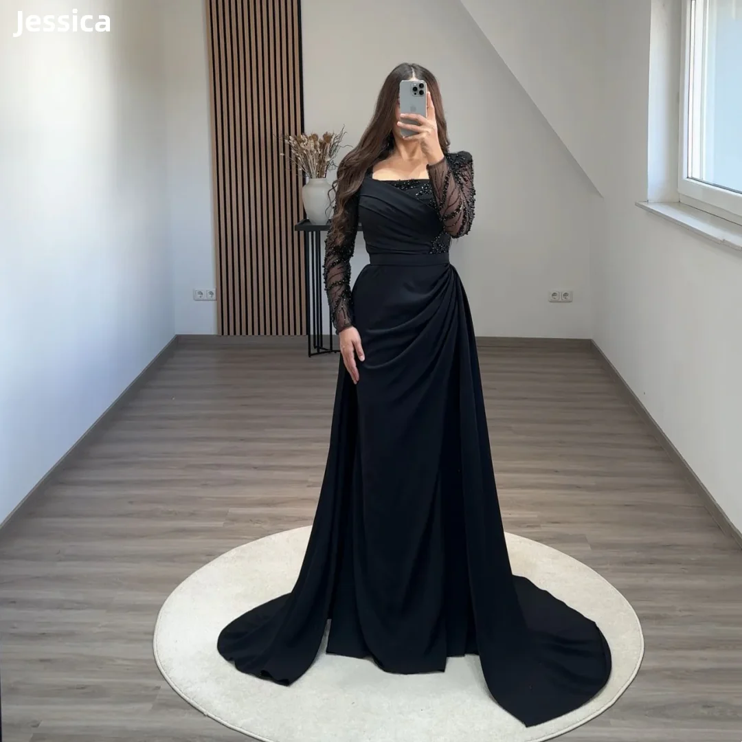 Jessica Black Wedding Dress Embroidered Beaded Arabian Lady Prom Dresses Mermaid Long Sleeve Elegant فساتين سهرةCustomized