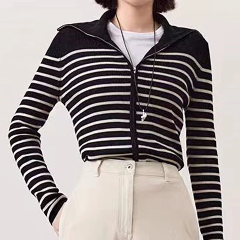 HELIAR Damski Kardigan z Podwójnym Zamkiem Błyskawicznym, Sweter z Dzianiny w Paski, Długi Rękaw, Casualowy, Dopasowany Krótki Top, Kardigan Biurowy na Jesień