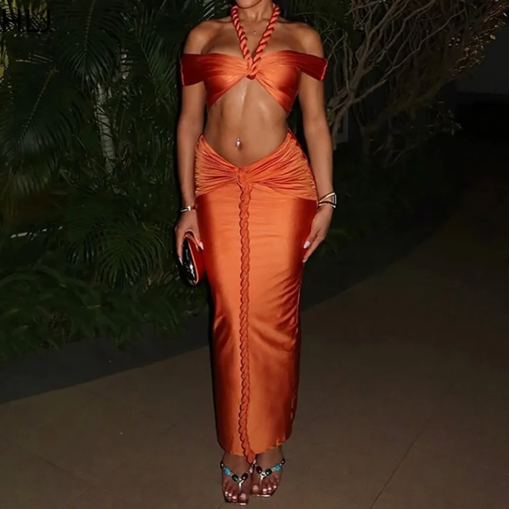 

HLJ Sexy Braided Patchwork Bodycon Woman 2 Piece Set Outfit Off Showlder Sleeveless Backless Crop Top + Skirt Female Streetwear