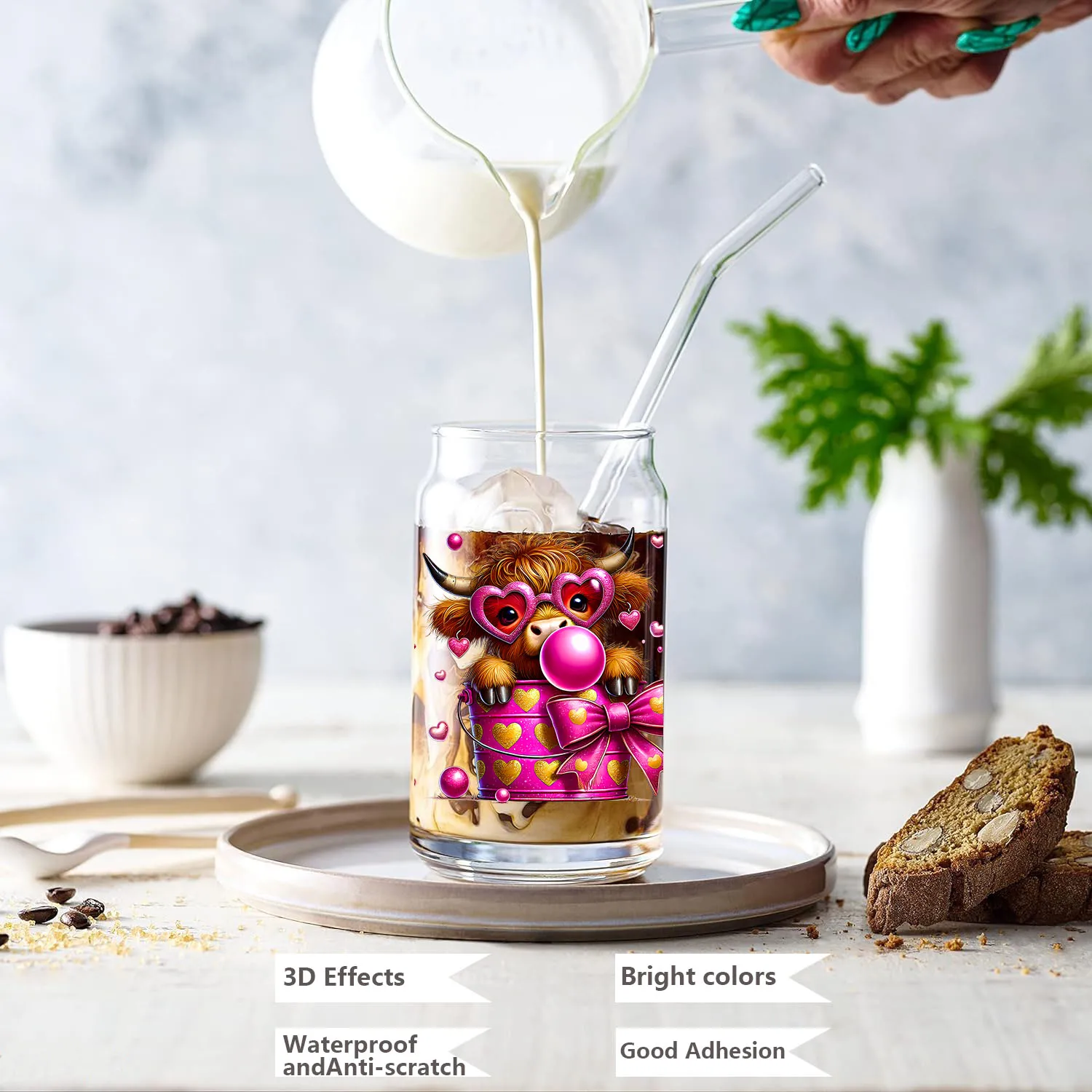 XOXO عيد الحب المرتفعات الماشية مقاوم للماء حفلة لتقوم بها بنفسك الشارات ثلاثية الأبعاد نقل uvdtf بهلوان ختم ملصقات 16 أوقية الأشعة فوق البنفسجية dtf كوب يلتف