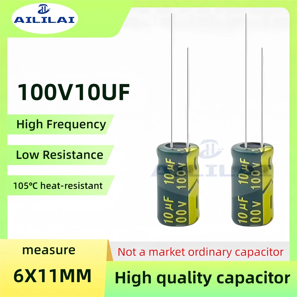 50 قطعة الأصلي 100v10 فائق التوهج منخفضة ESR/مقاومة عالية التردد 100 فولت 10 فائق التوهج الألومنيوم مُكثَّف كهربائيًا 100V10UF الحجم: 6x11 مللي متر