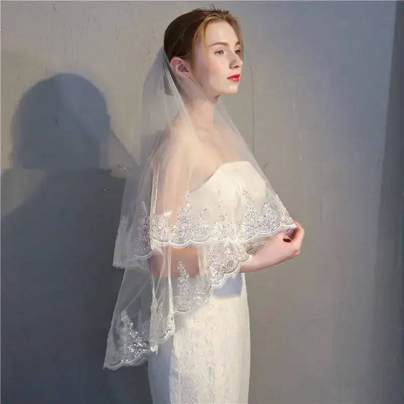 Luxury Double Layers Tulle Wedding Veils with Comb Exquisite Sequins Lace Edge Flower Bridal for Women