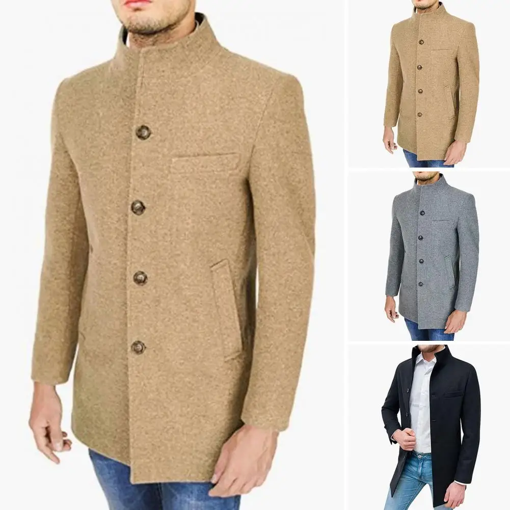 

Men Stand Collar Long Sleeve Woolen Coat Single Breasted Pockets Mid-length Windbreaker Outwear Korean Style Spring Trench Coat