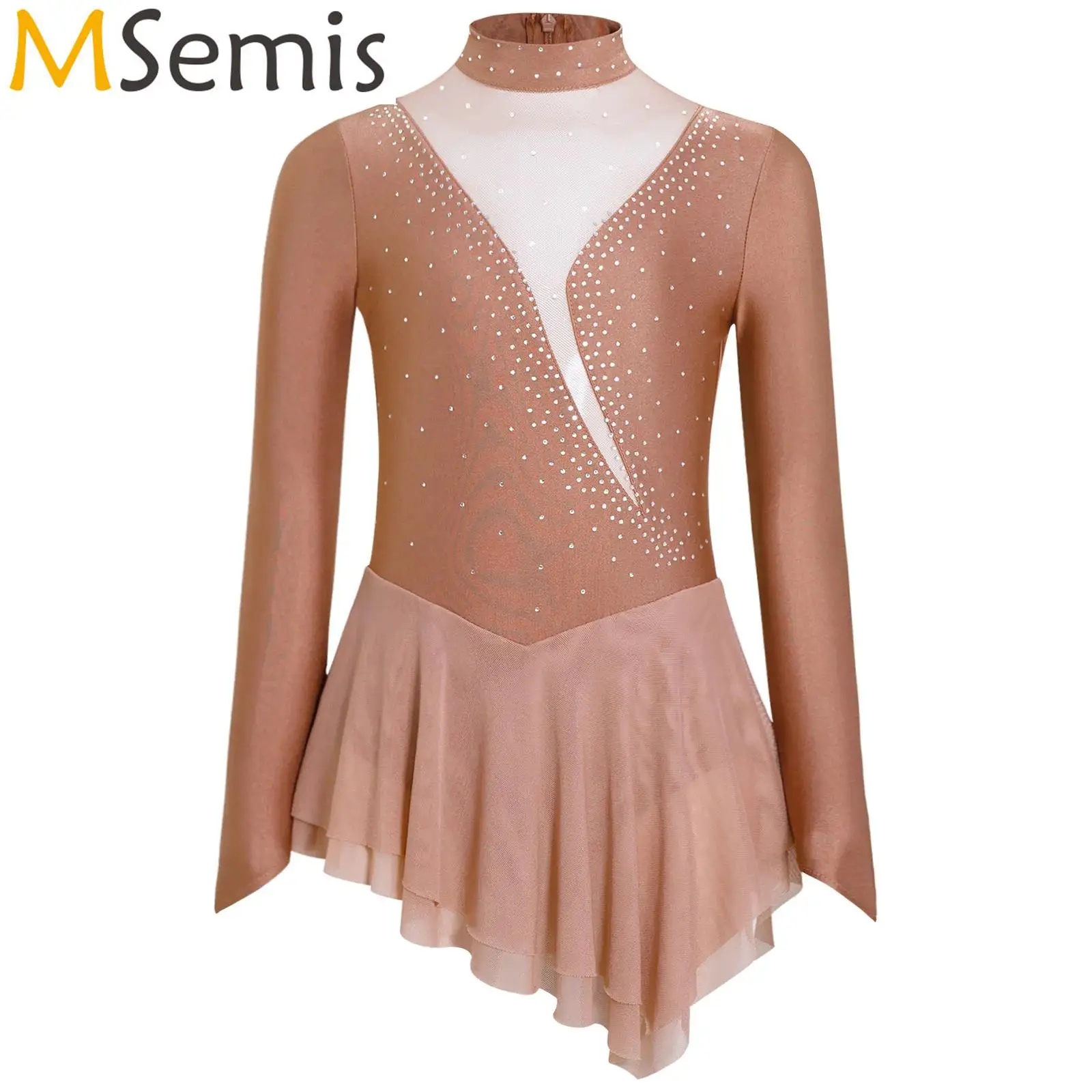 Kids Girls Modern Lyrical Dance Dress Ballet Jersey Sheer Mesh Glittery Rhinestones Gymnastics Leotard Figure Skating Dress