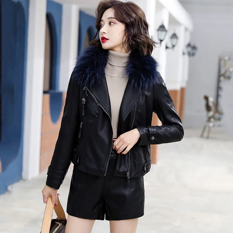 Coat Fox Fur Collar Leather Female Short Spring and Autumn Casual Slim fit Fashion Irregular Zipper Genuine Leather Jacket