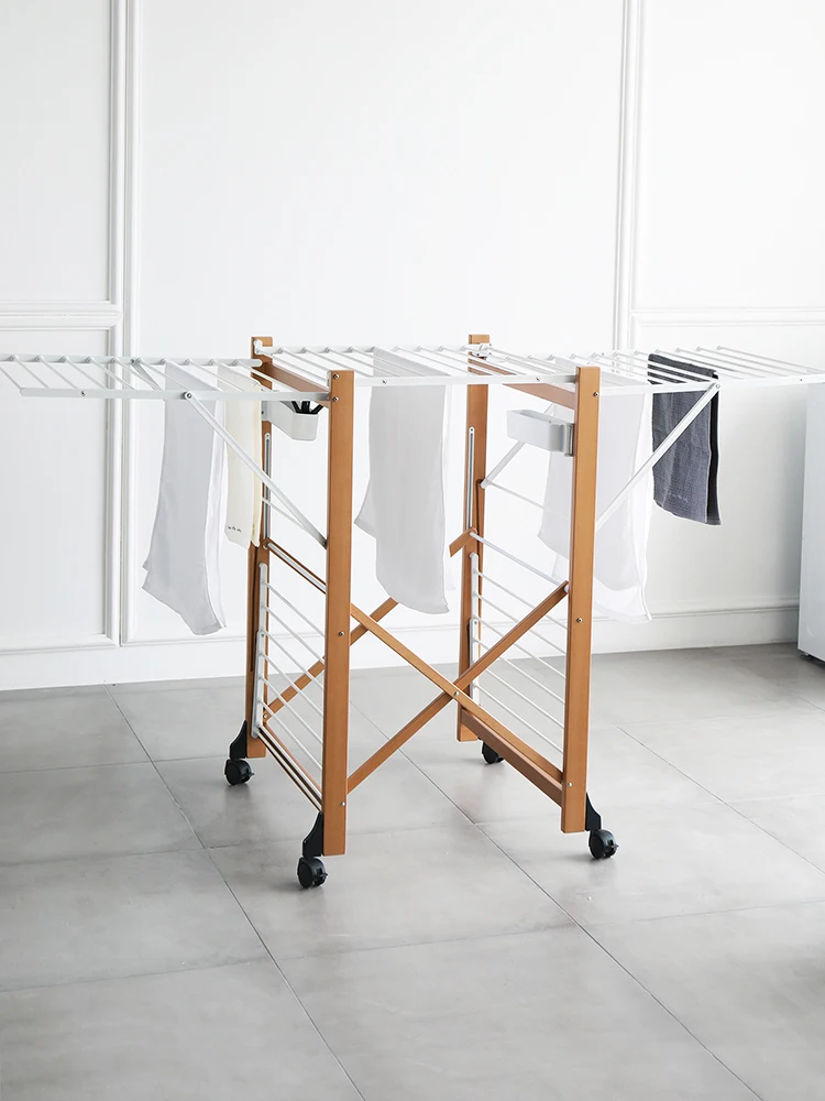 Solid Wood Clothes Hanger Floor Folding Indoor Mobile Coat Hanger Household Hangers Drying Rack