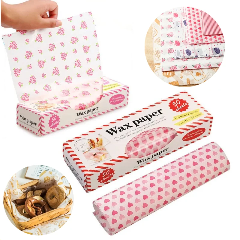 50 Uds. Papel de regalo de alimentos con cera de corazón Floral, papel de embalaje de jabón para hornear a prueba de grasa para sándwich, hamburguesa, aperitivos, revestimientos de cesta