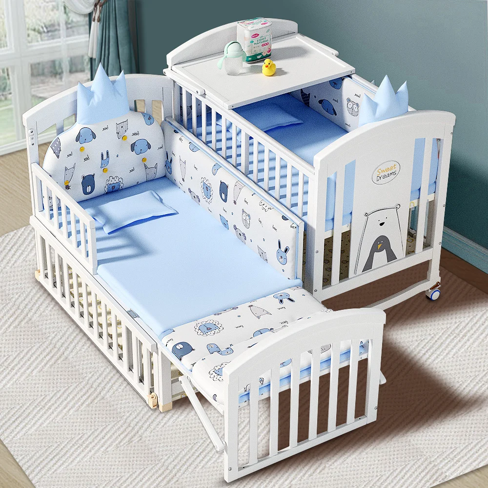 

New European Style White Solid Wood Kids' Cribs Multifunctional Luxury Twin Baby Cot for 0-12 Years